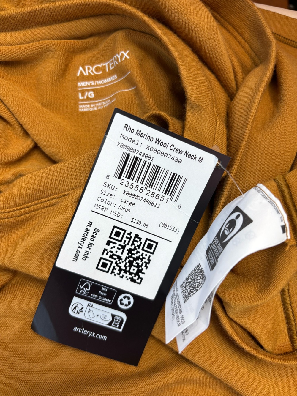 Arc'teryx Rho Merino Wool Crew Neck Long Sleeve in Yukon Size Large NWT - Picture 5 of 6